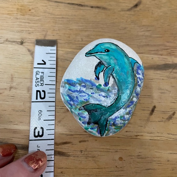 Hand crafted painted dolphin porpoise rock blue white background ocean waves - Picture 8 of 9